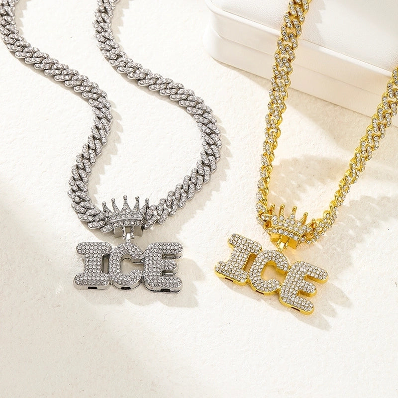 1PC New Arrival Gold Jewelry Man Silver Plated Color Letter ICE Charm Necklace Bling Bling Hip Hop Crown Design Jewelry With Cuban LInk Chain