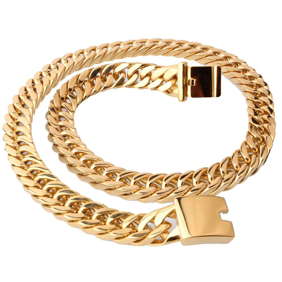 Miami Cuban Link Chain Set For Men 18K Gold Plated Titanium Stainless Steel 15mm Curb Bracelet Necklace Diamond Chains