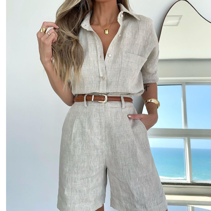 Solid Color Fashion Linen Long Sleeve Shirt Belt Shorts Women Suit