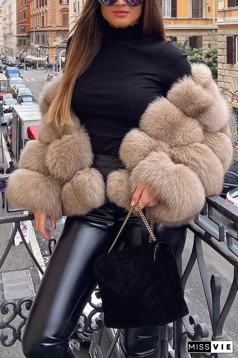 Layer O Neck Faux Fur Coat
