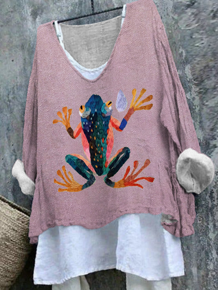 Comstylish Colorful Frog Embroidery Art Linen V-Neck T-Shirt