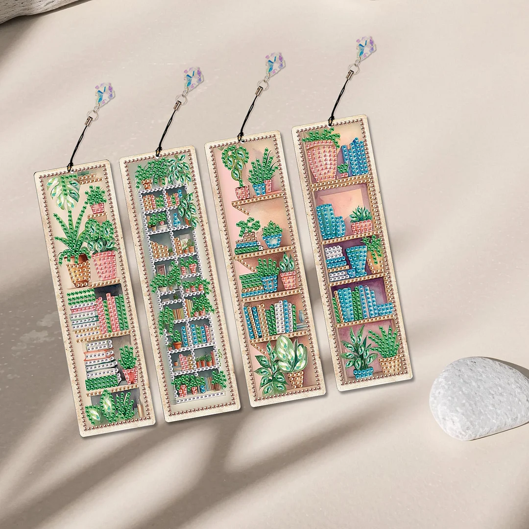 4Pcs Plant DIY Diamond Painting Bookmark Special Shaped Diamond Art Bookmark with Pendant Home Office Supplies Gift for Book Lovers