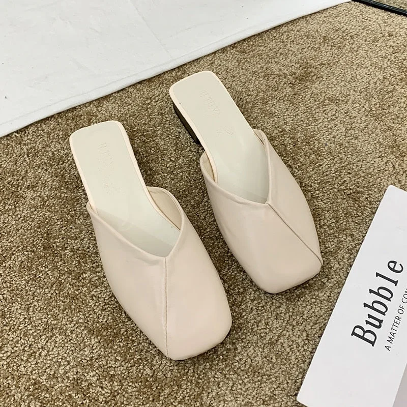 Shoes Loafers Woman's Slippers Luxury Slides Low Square Toe Mules For Women 2020 New Designer Summer Cover Flat Buckle Strap