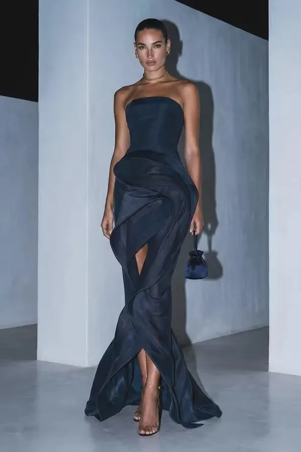 Daisda Elegant Navy Blue Strapless Sleeveless Draped Split Prom Dress