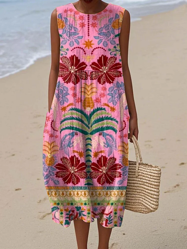 Women's Vintage Floral Art Print Sleeveless Cotton Pocket Wrap Dress