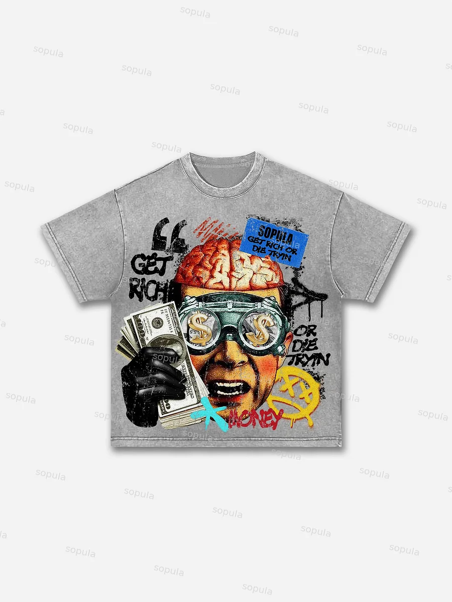 Get Rich Money Portrait Print Acid Wash T-shirt