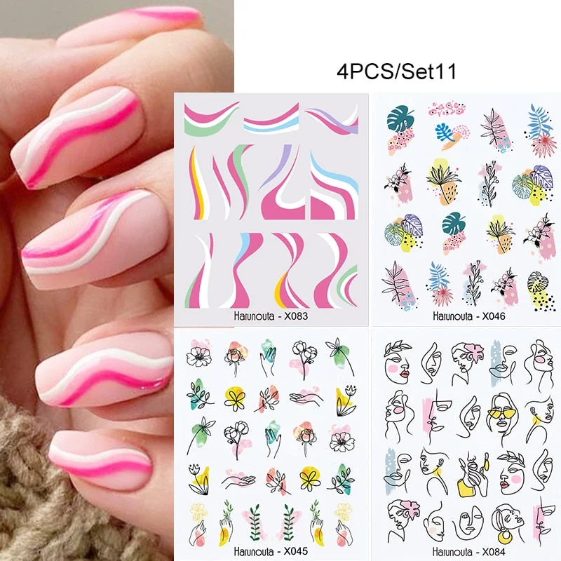 4Pcs/Set Flower Leaves Water Decasl Stickers Floral Geometric Lines Transfer Water Sliders For Nails Manicures Decoration