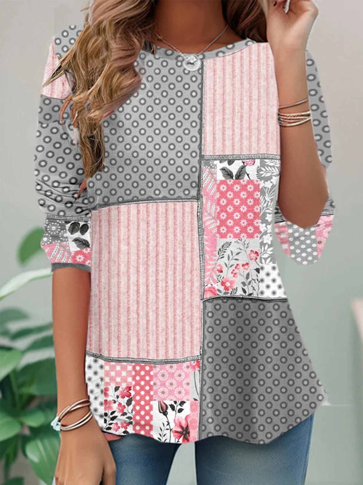 Mature Women Long Sleeve Round Neck Retro Plaid Style Plus Size Top