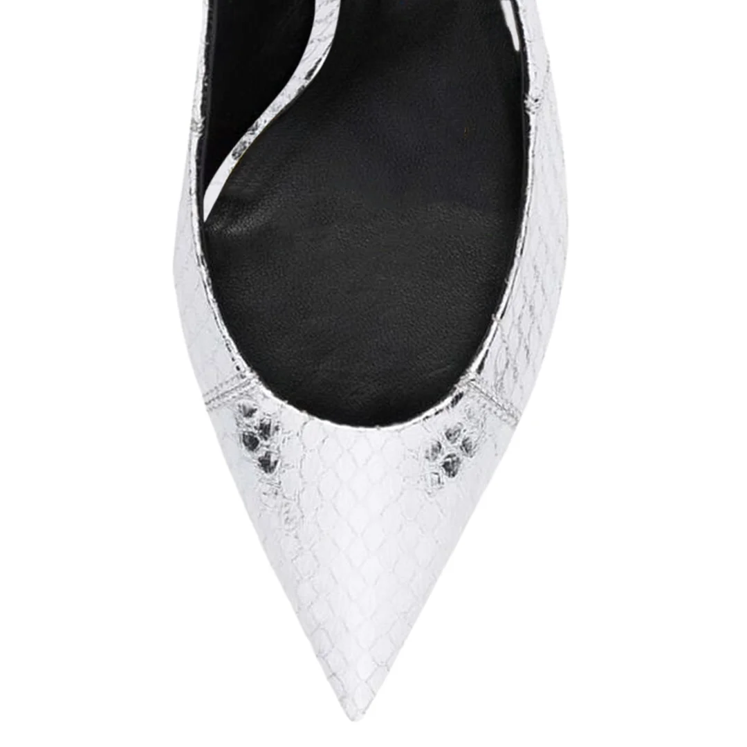 Silver Metallic Finish Croc-Embossed Pointed Slingback Heel Pumps