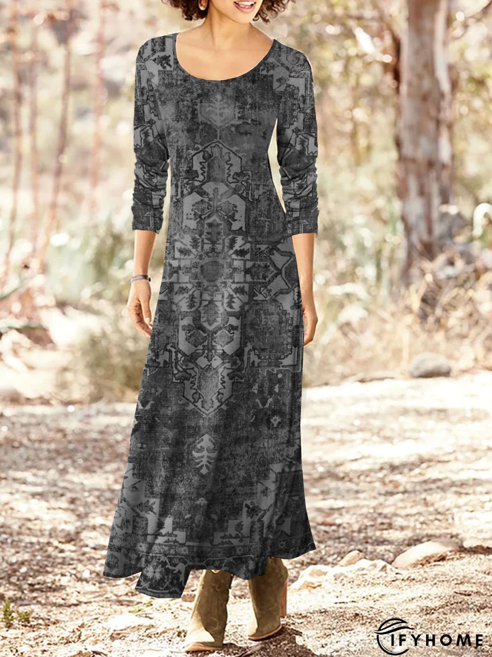Jersey Ethnic Printed Crew Neck Long Dress | IFYHOME