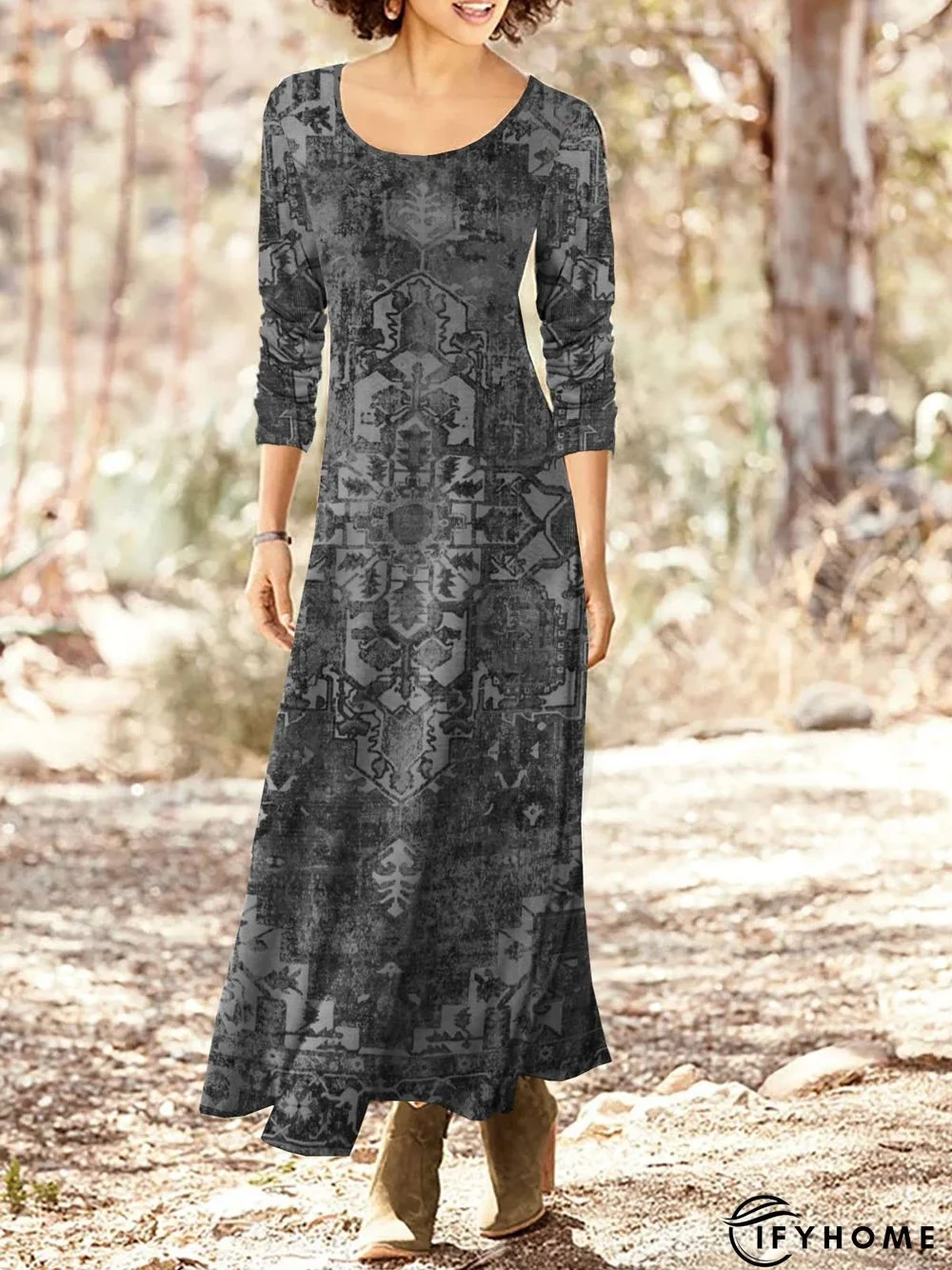 Jersey Ethnic Printed Crew Neck Long Dress | IFYHOME