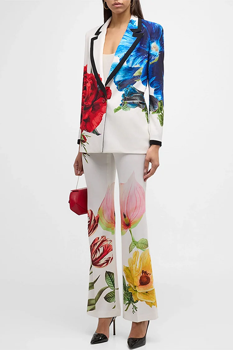 Floral Print Lapel Collar Flare Leg Two Piece Pant Suit-White
