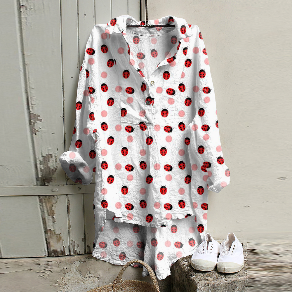 Comstylish Ladybug Printed Long Sleeve Casual Shirt