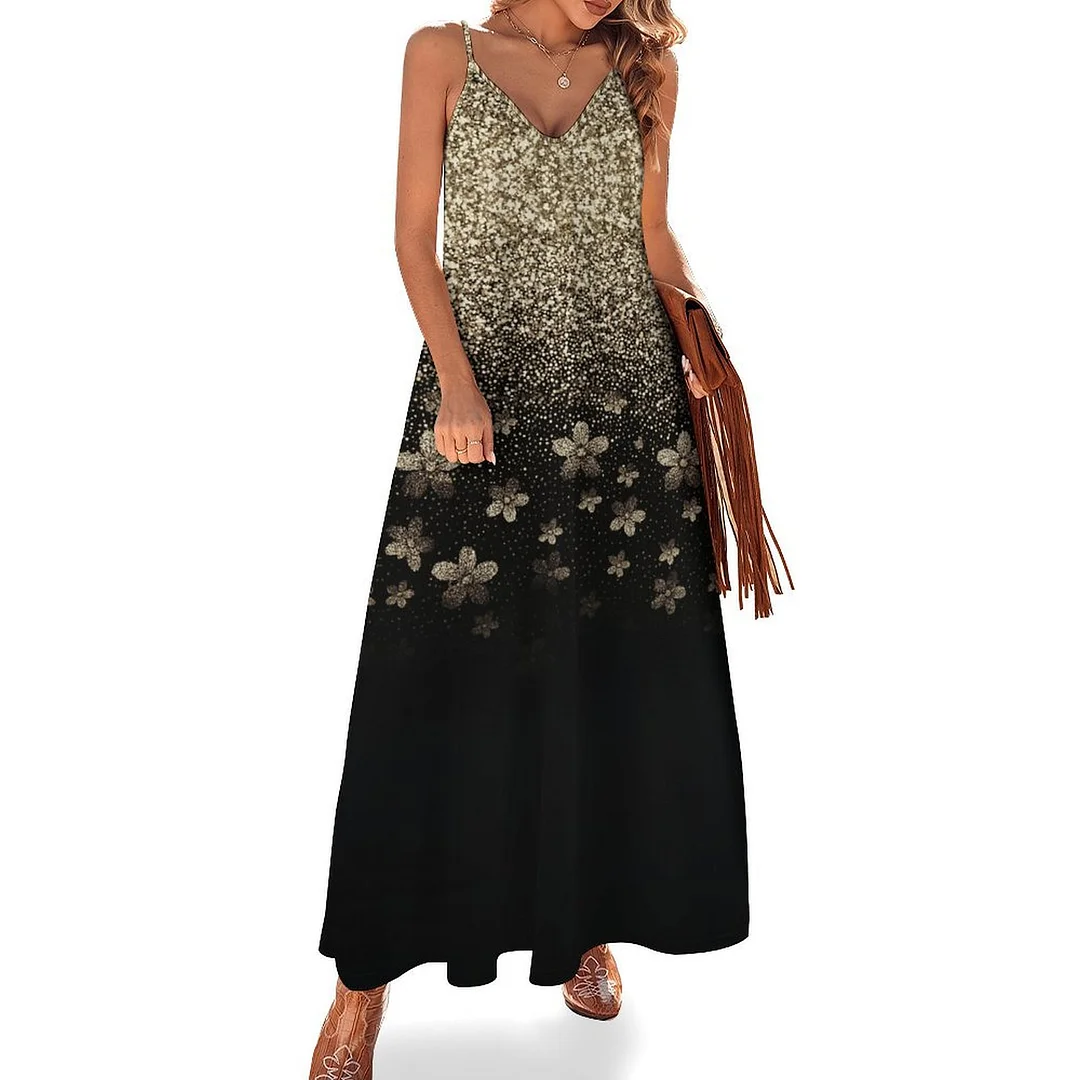 Style & Comfort for Mature Women Plus Size Printed Sling Casual Women Maxi Dress in Pattern Glitter, Floral, Golden