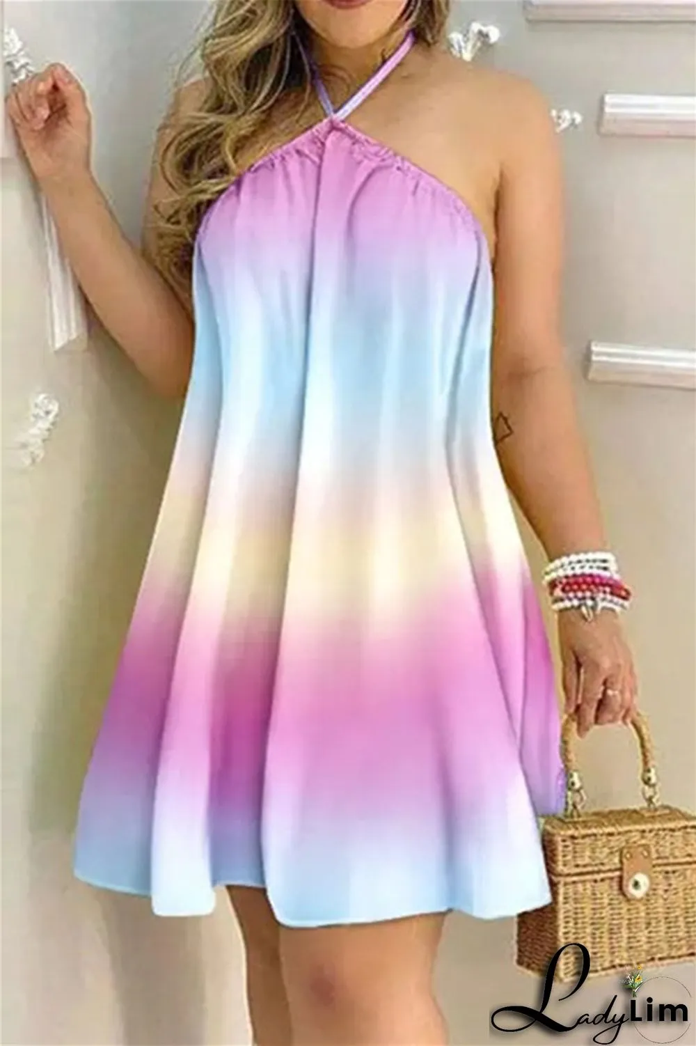 Blue Fashion Casual Print Bandage Backless Halter Sleeveless Dress Dresses
