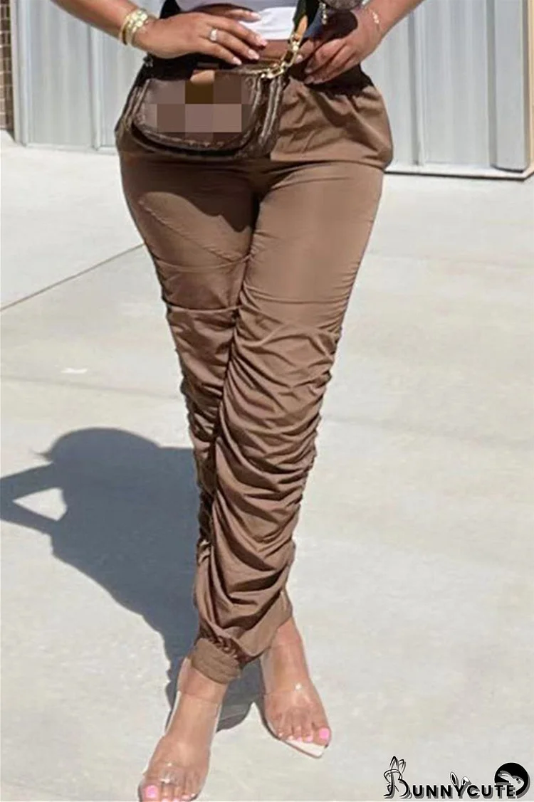 Brown Fashion Casual Solid Fold Regular High Waist Trousers