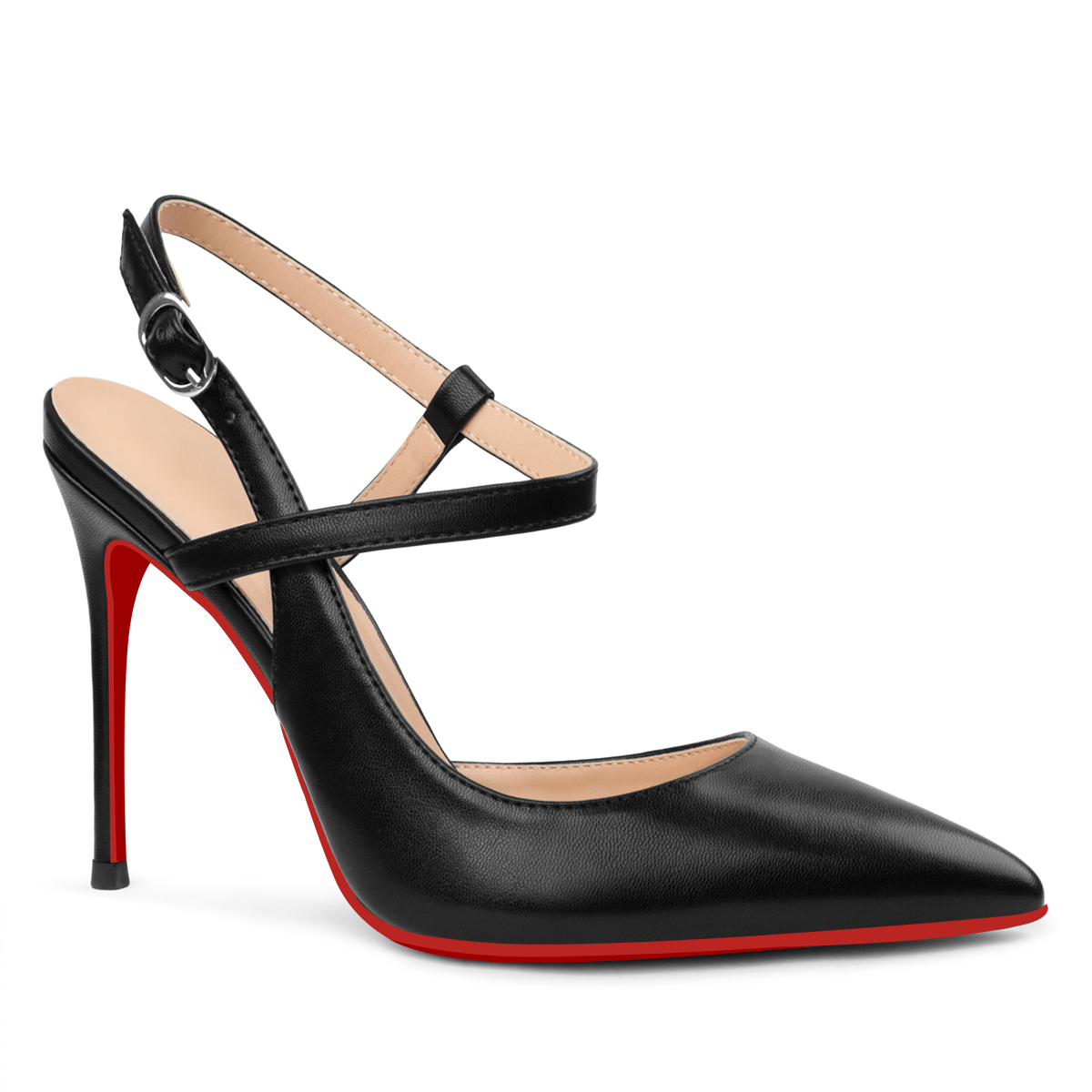 100mm Women Slingback Matte Pumps Ankle Strap Jenlove Stiletto Mid Heel Close Pointed Toe Dress Red Bottoms Shoes-vocosishoes