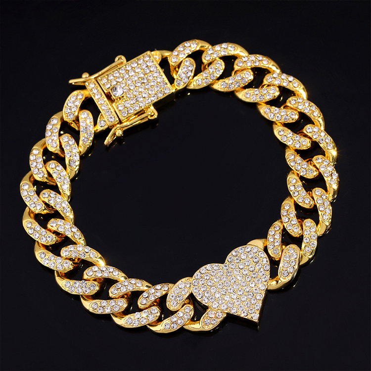 12.5MM Hip Hop Iced Out Heart Rhinestones Cuban Link Women Bracelet-VESSFUL