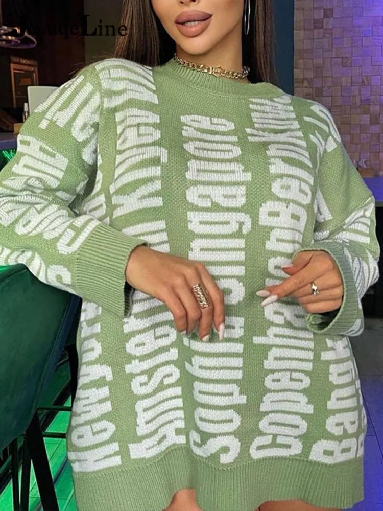 Jacuqeline 2022 Letter Knitted Oversize Women Dress Sweater Y2K Fashion O Neck Long Sleeve Mini Party Dresses  Autumn Winter