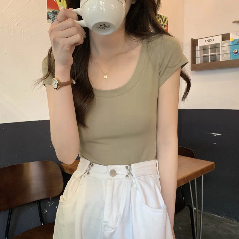 Brownm Brownm Color Casual Versatile Short-Sleeved T-Shirt Women With A Bottom Shirt 2024 Summer Slim U-Collar Student Jacket Ins Tide