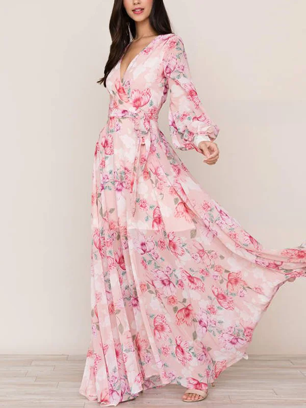 V-neck Pink Long-sleeve Printed Maxi Dress