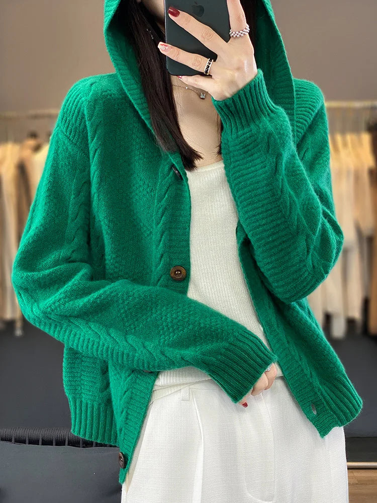 Women's Cardigan Autumn Winter High Quality Soft 100% Merino Wool Sweater Twist Flower Cashmere Knitted Hoodie Korean Aiertu