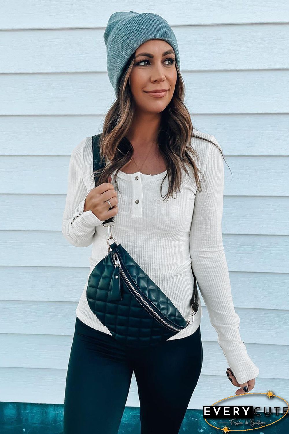 White Crewneck Buttons Ribbed Knit Long Sleeve Top