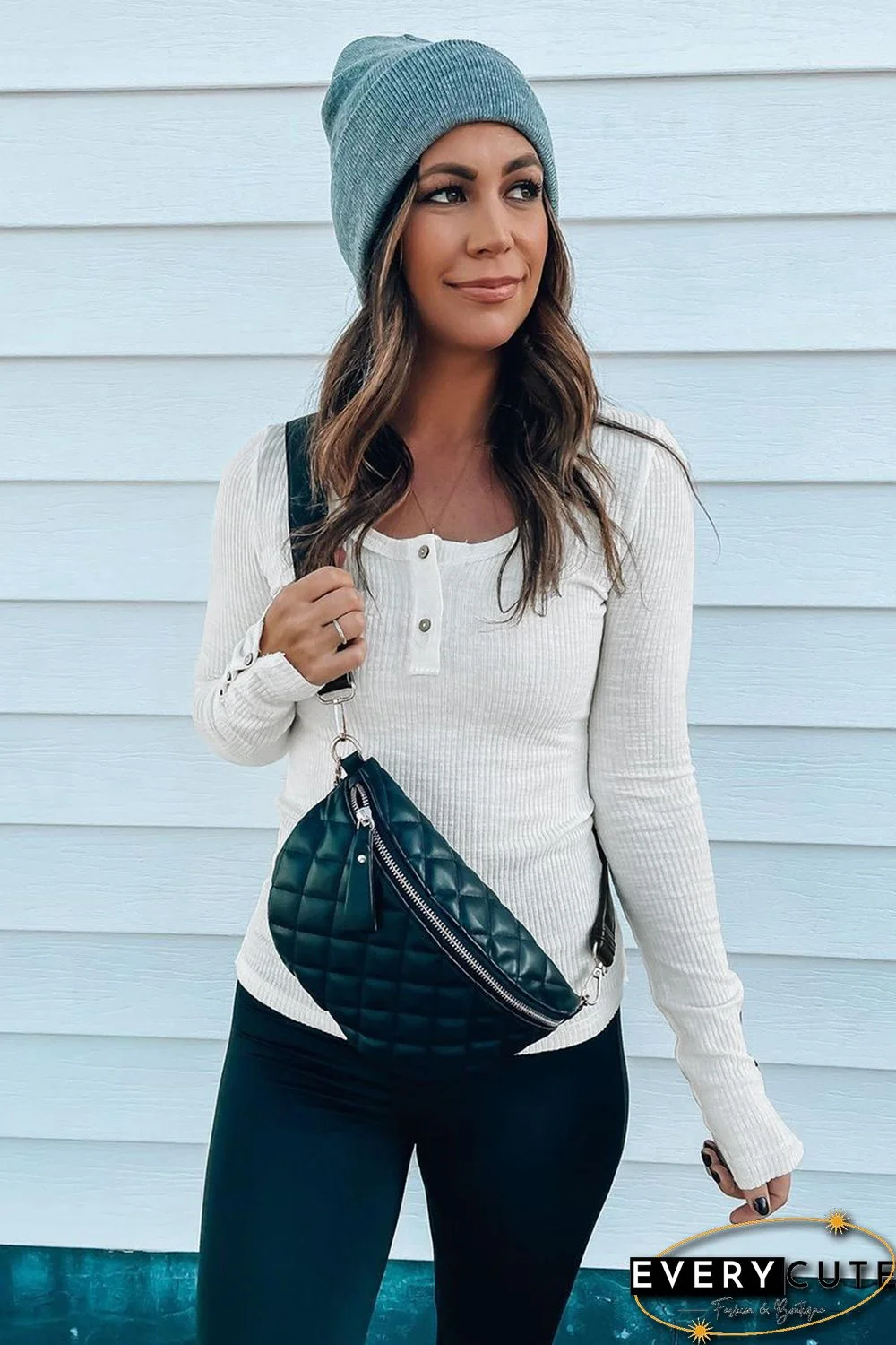 White Crewneck Buttons Ribbed Knit Long Sleeve Top