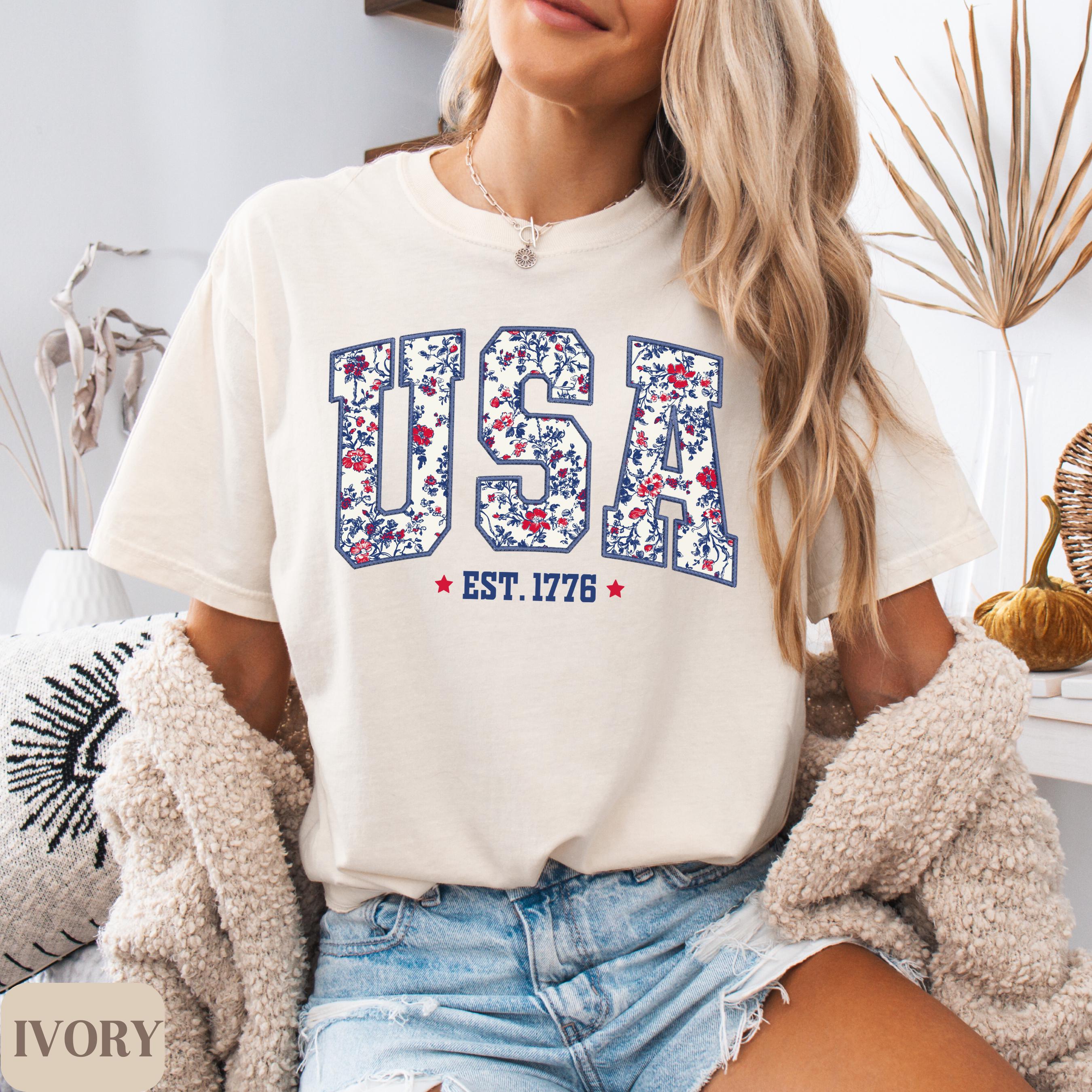 Loveyoufancy  4th of July shirt, floral USA tee, summer patriotic shirt for women