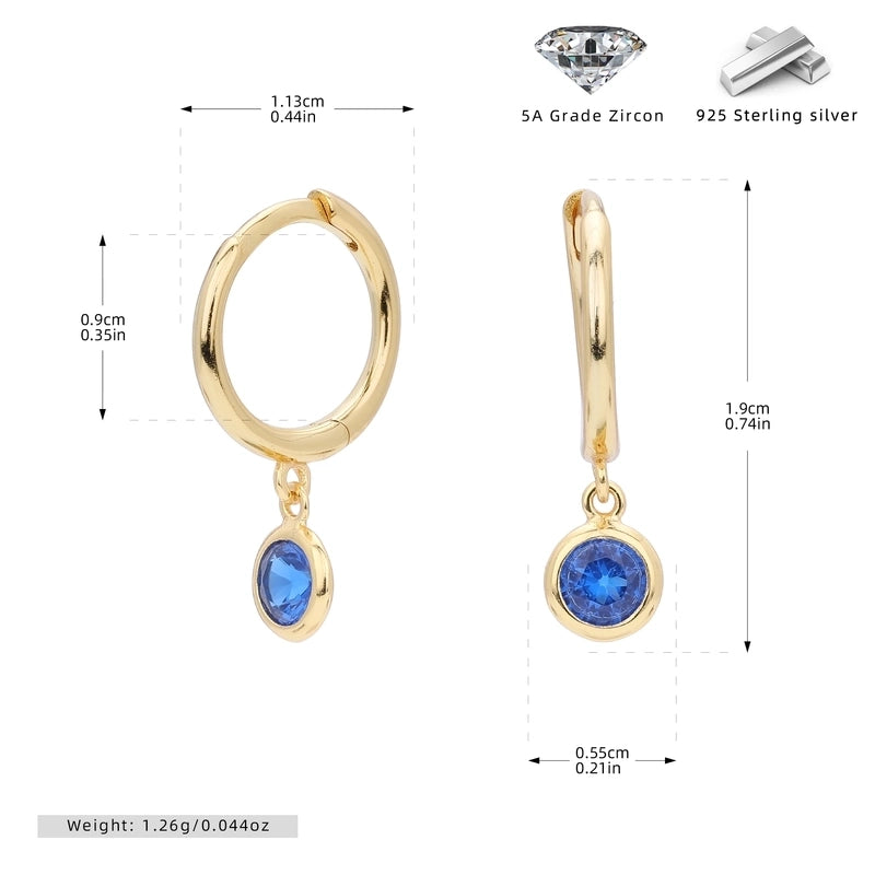 1 Pair 925 Sterling Silver Birthstone Round Drop Earrings