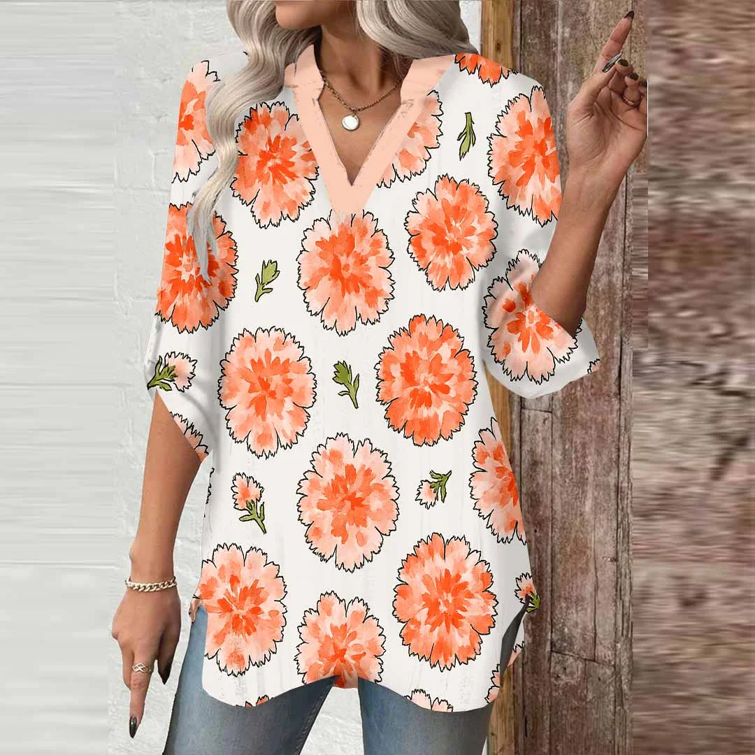 Women Floral, Orange DZGA0187 3/4 Sleeve V-neck Printed Graphic Button Tops