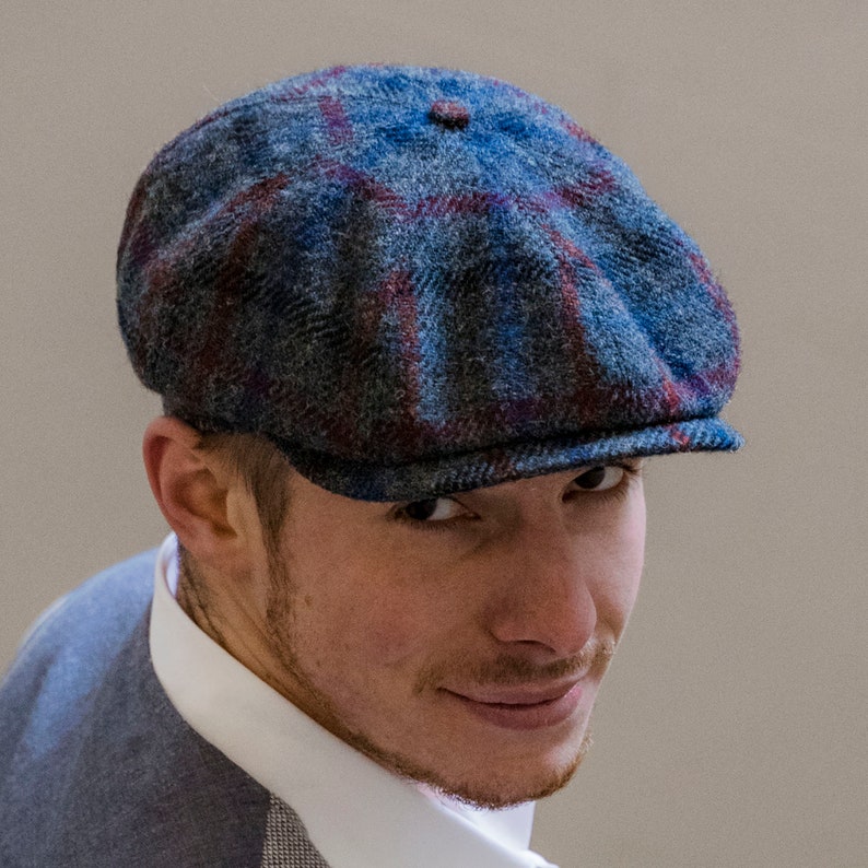 SHELBY Harris Tweed Genuine Scottish 8 Panels Newsboy PEAKED  Cap Applejack Bandit Hooligan Vintage Gangster Wool Fall Hat GRAY-BLUE