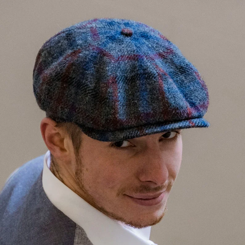 SHELBY Harris Tweed Genuine Scottish 8 Panels Newsboy PEAKED  Cap Applejack Bandit Hooligan Vintage Gangster Wool Fall Hat GRAY-BLUE