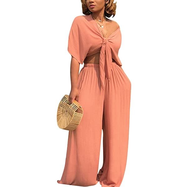 Women's 2 Piece Jumpsuit Ruched Sleeveless Crop Top Ruffle Wide Leg Pant Set Romper Outfit