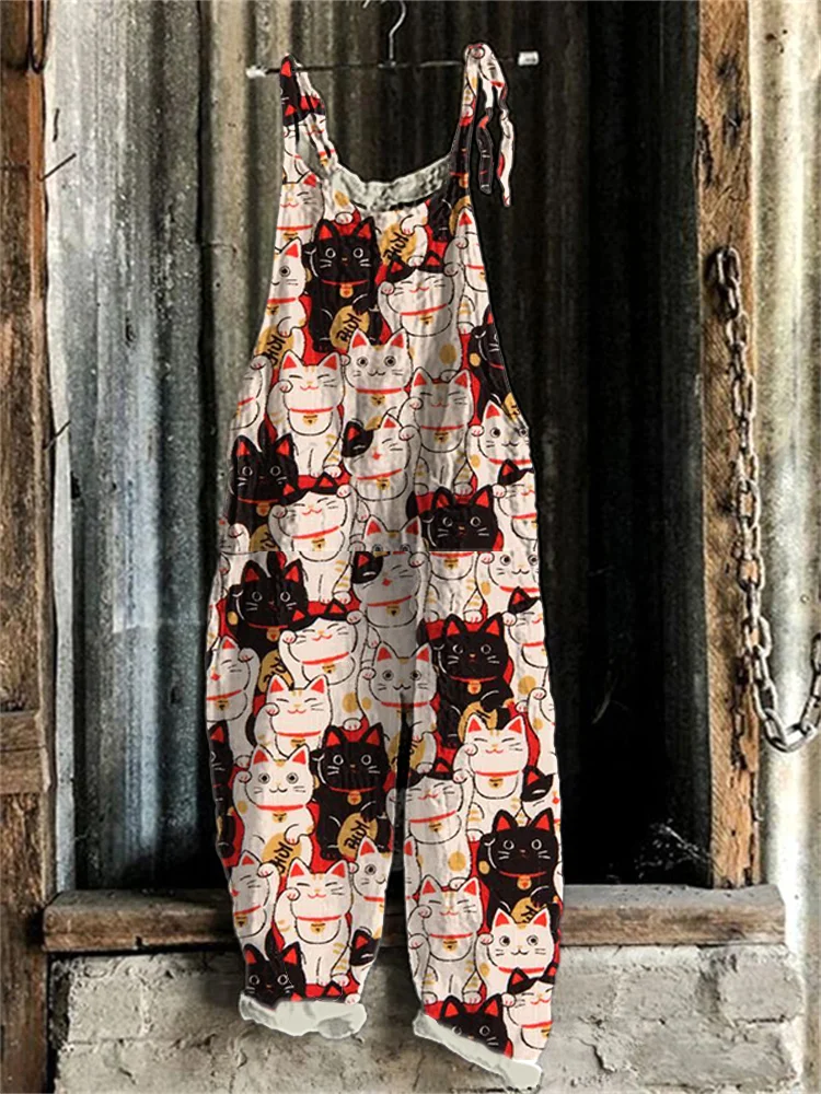 Japanese Art Lucky Cat Print Cotton Blend Jumpsuit