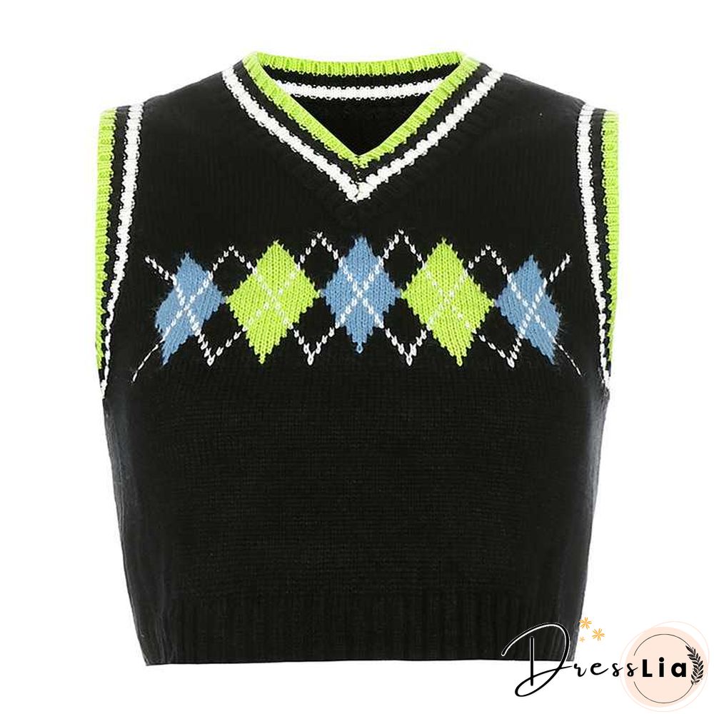 Checkered Cropped Knitted Tank Argyle Sleeveless Jumper