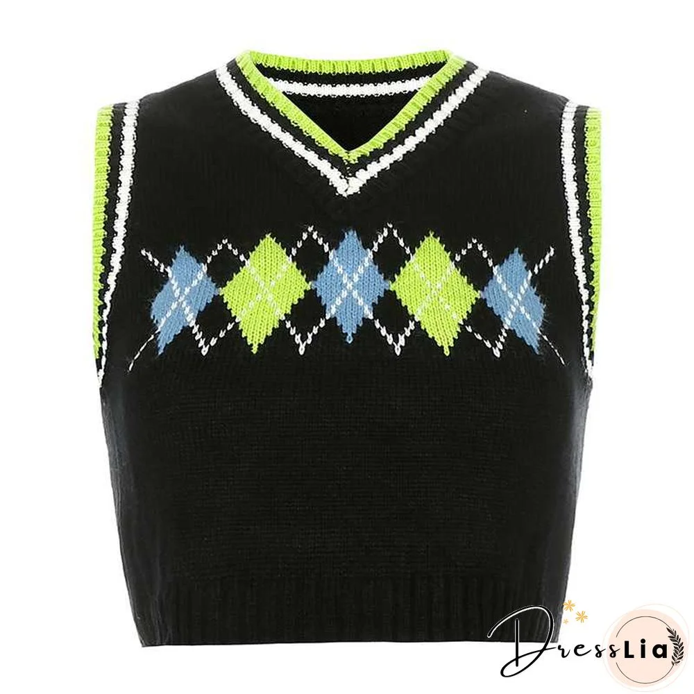 Checkered Cropped Knitted Tank Argyle Sleeveless Jumper