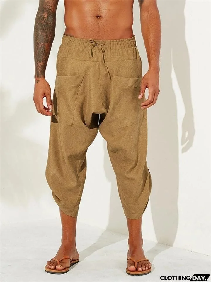 Men's Calf-Length Drawstring Linen Harem Pants