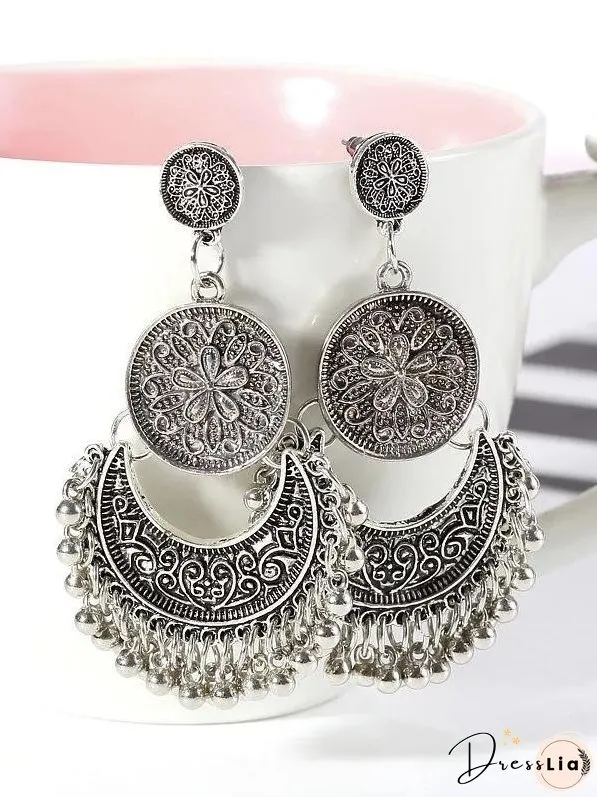 3 Colors Bohemian Indian Antique Moon Shape Carved Flower Tassels Earrings
