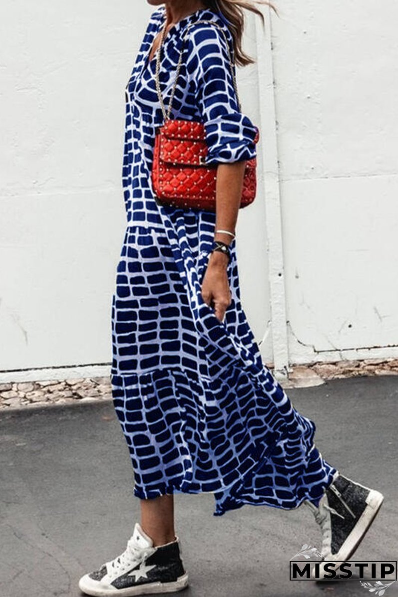 Casual Print Patchwork V Neck Straight Dresses(3 Colors)