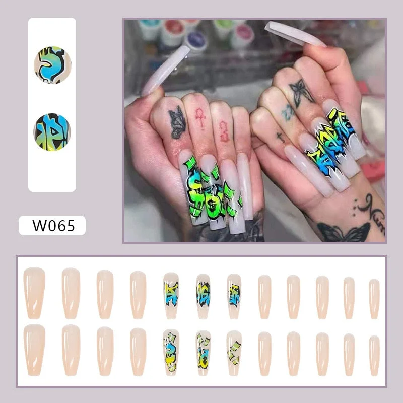 24Pc Extra Long Abstract Pattern Ballerina False Nails Detachable Coffin Fake Nails with glue Full Cover Nail Tips Press On Nail