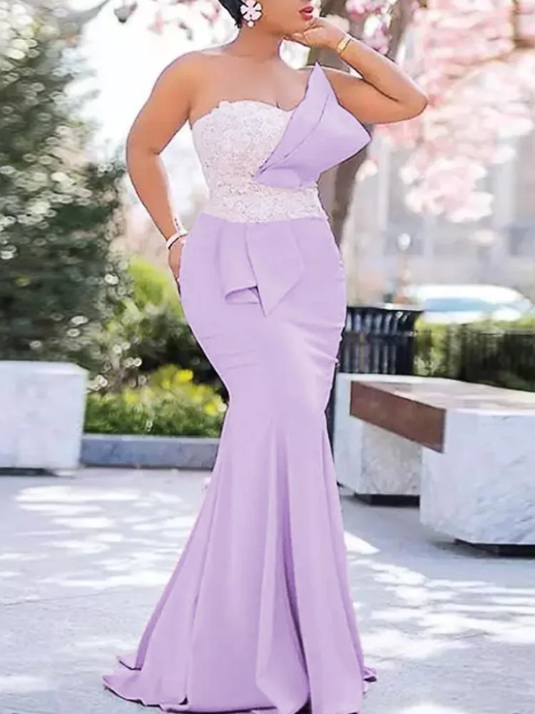Princess-seamed Bodice Single Shoulder Lace Defined Waist Purple Maix Dress
