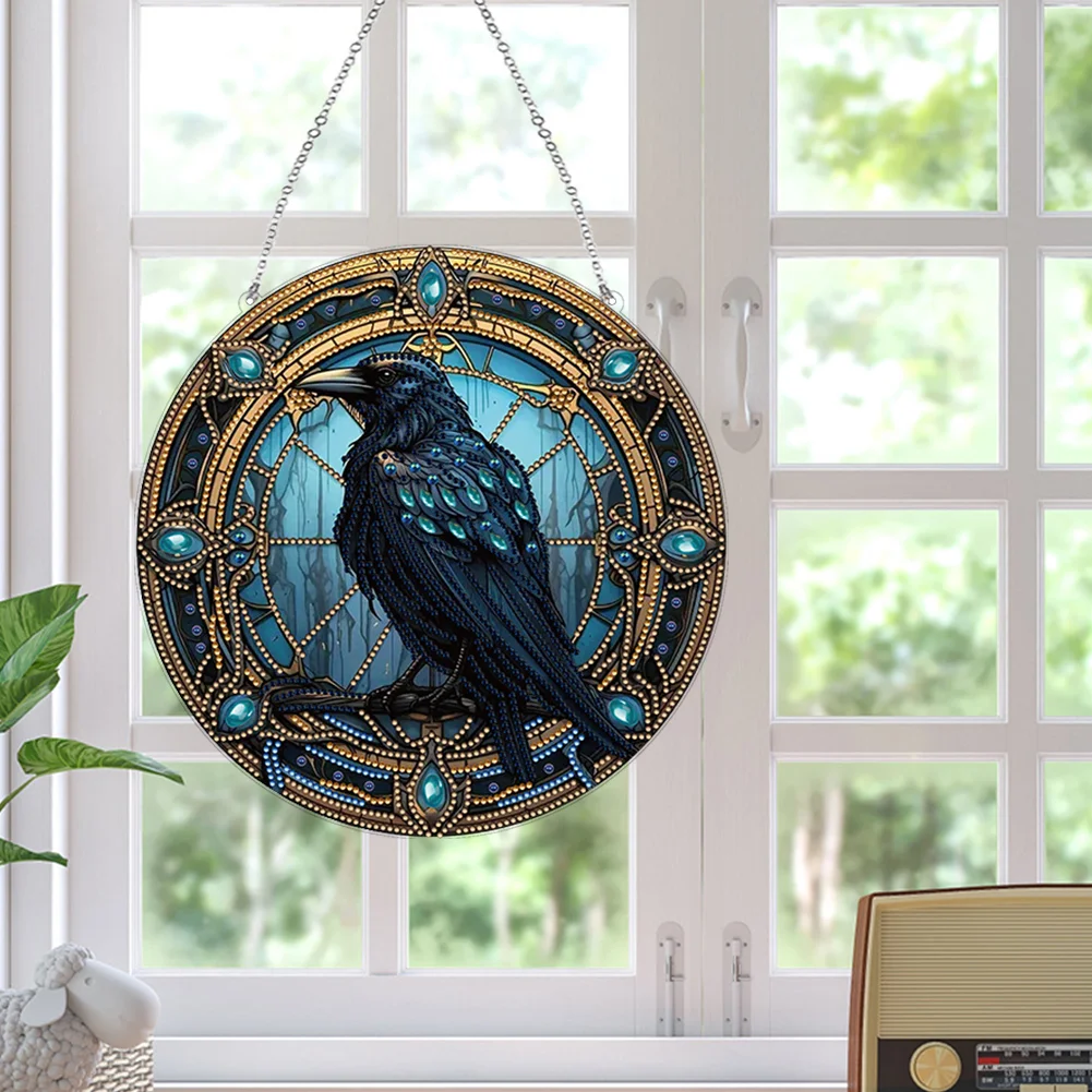 DIY Stained Glass Crow Acrylic Special Shaped Hanging Diamond Painting Art Pendant Suncatcher Home Windows Decor 