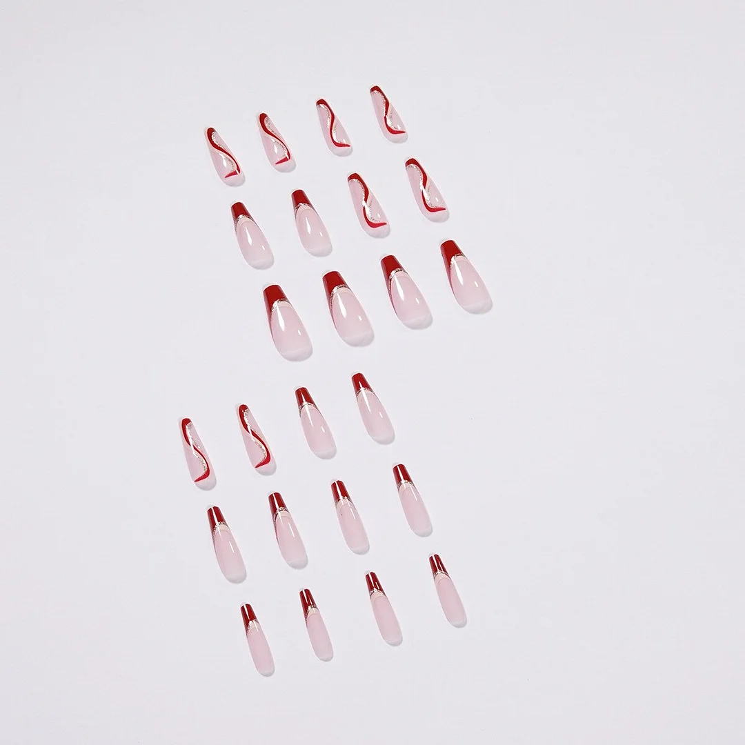 24pcs/Set Coffin Fake Nails Long Mixed Wine Red Wavy French False Nails Detachable Full Nail Accessory Art Tips Manicure Tools 515-1-Nail Inspo