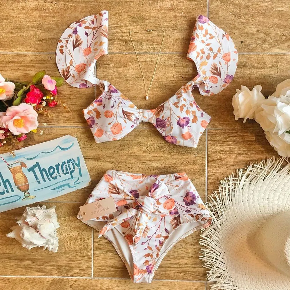 2021 New Sexy Low Waist Bikini Set Swimsuit Ruffle Strappy Swimwear Women Print Floral V-neck Bathing Suit Beachwear biquini