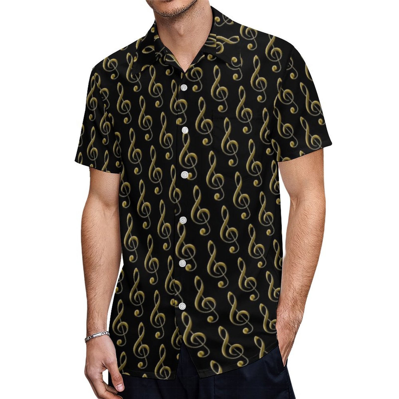 Black Metallic Gold Treble Clef Musical Hawaiian Shirt Mens Button Down Plus Size Tropical Hawaii Beach Shirts