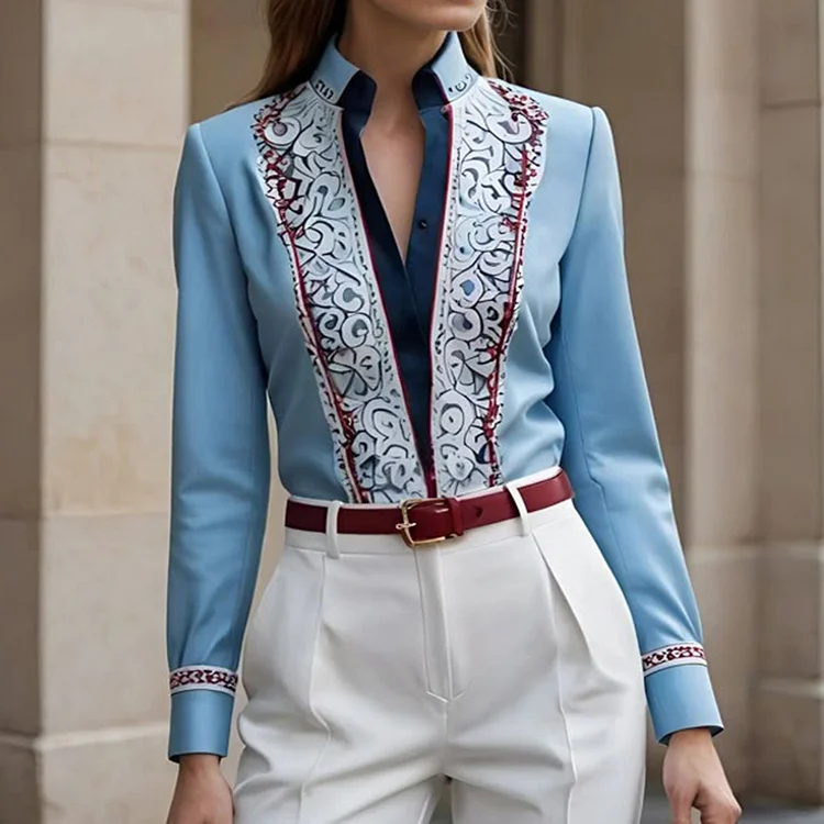 Geo Pattern Stand Collar Button Long Sleeve Blouse