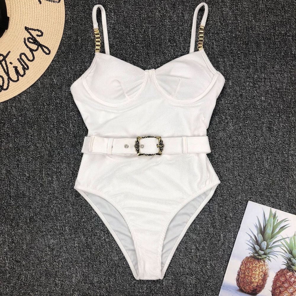 Women Black Swimwear Sexy Push Up One Piece Swimsuit Female Bather With Belt Bathing Suit Swim Wear Monokini Lady