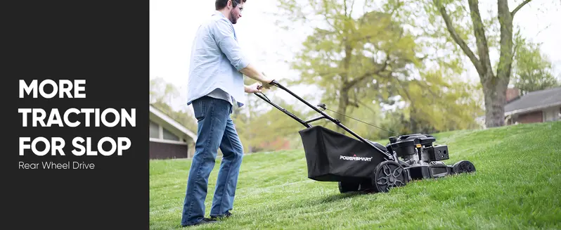 Product Introduction of (TikTokShopBacktoSchool)PowerSmart Self Propelled Gas Lawn Mower. 22 in. 170cc OHV Engine 3-in-1 Rear Wheel Drive. High Wheels. 6-Position Height Adjustment. Black.Great for Lawn Business(V8622S) 5