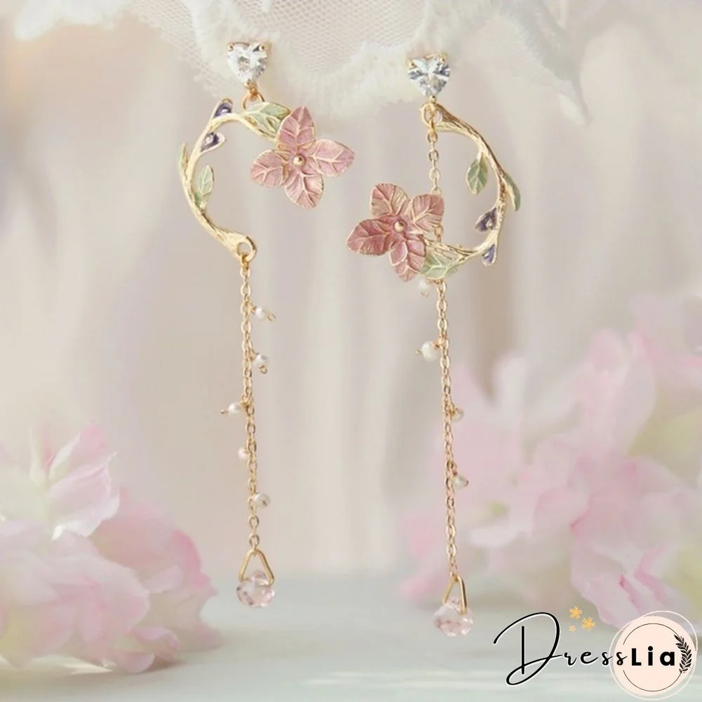 Women's Earrings 18K Pure Gold Sakura Flower Earrings Long Asymmetric Drop Earrings Jewelry Gifts for Girlfriend